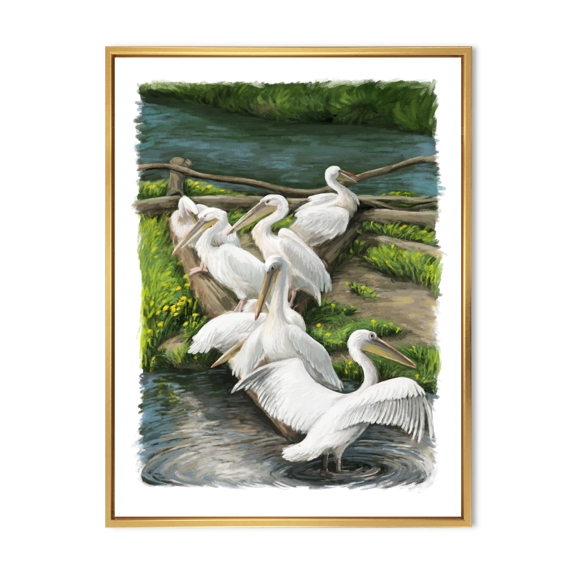 Designart 'Pelicans Resting Near The river Water' Traditional Framed Canvas Wall Art Print