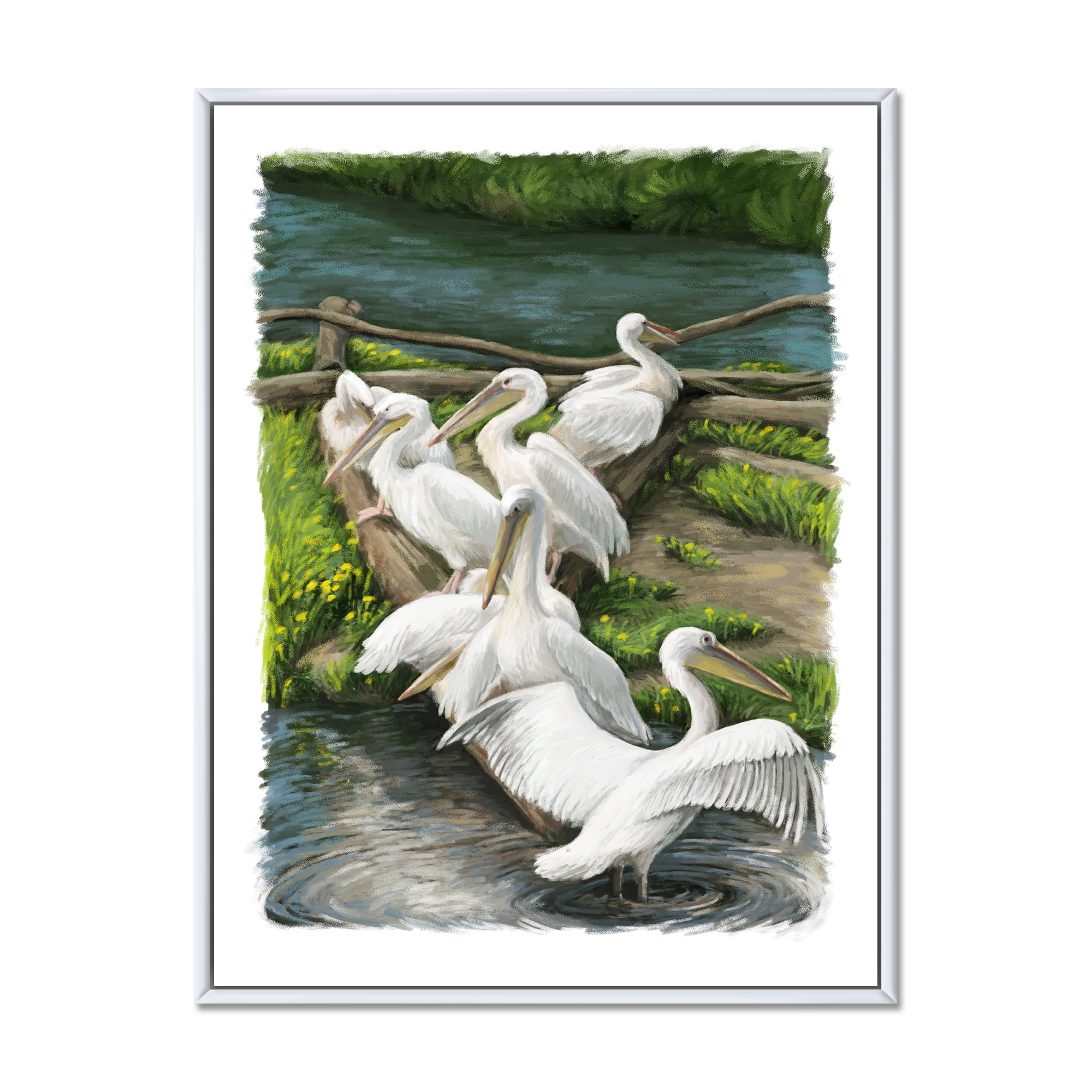 Designart 'Pelicans Resting Near The river Water' Traditional Framed Canvas Wall Art Print