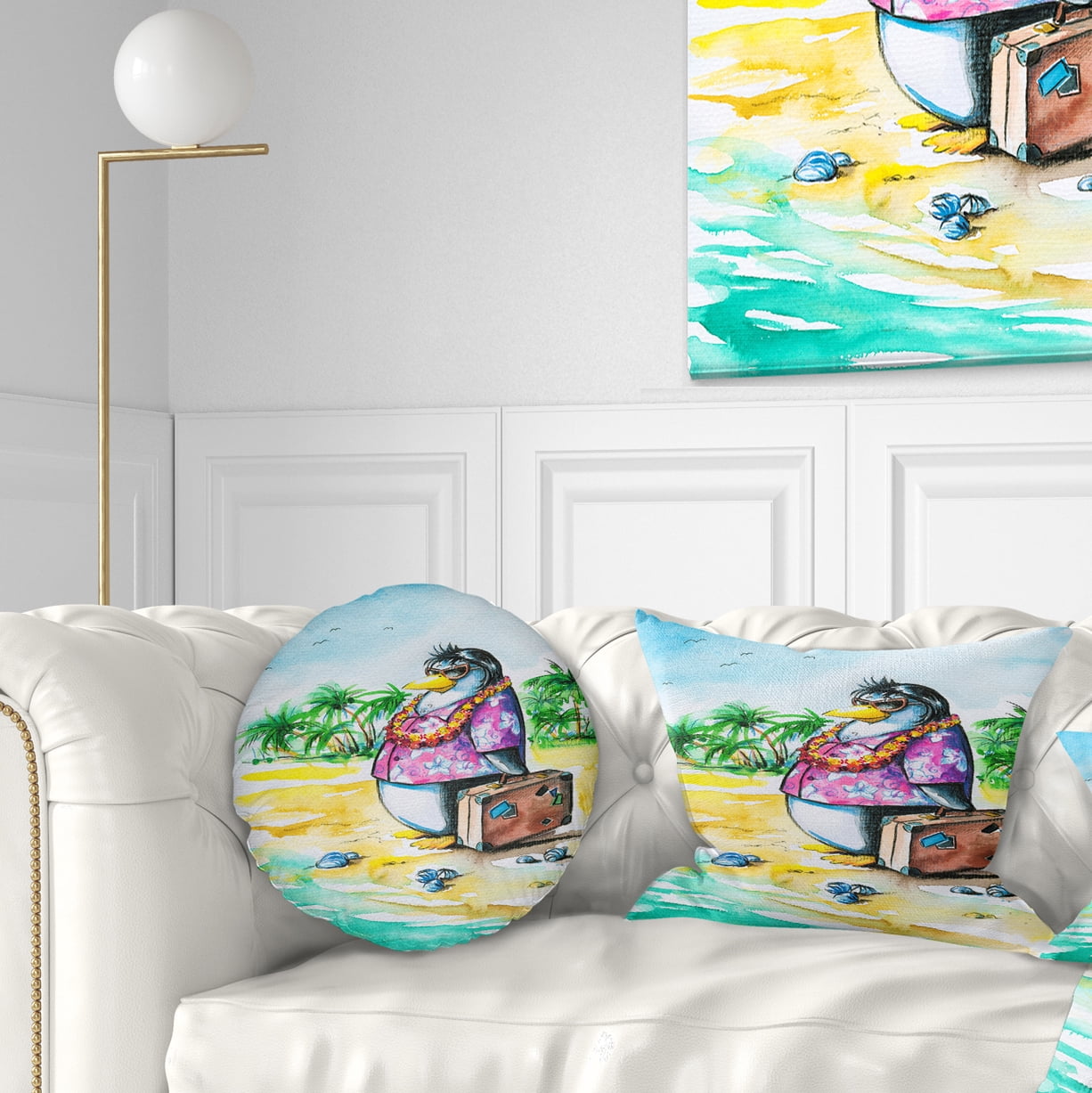 Designart Penguin Enjoying Holidays on Beach - Cartoon Animal Throw Pillow - 12x20