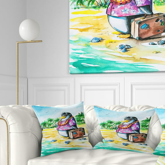 Designart Penguin Enjoying Holidays on Beach - Cartoon Animal Throw Pillow - 18x18