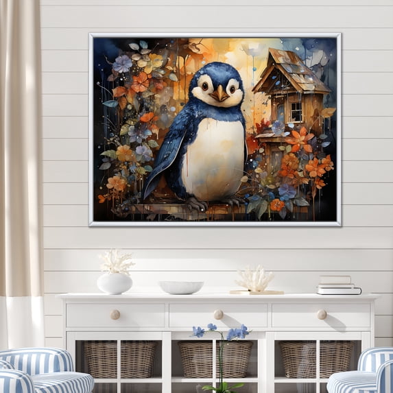 Designart "Penguin Playhouse Of Playfulness I" Penguin Floater Framed Wall Art Living Room