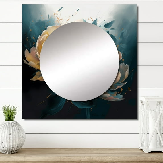 Designart "Peonies Artistry Yellow & Blue II" Floral Peony Square Mirror Wall Decor Modern - Large Yellow Square Bathroom Mirror - Square Printed Wall Mirror Art