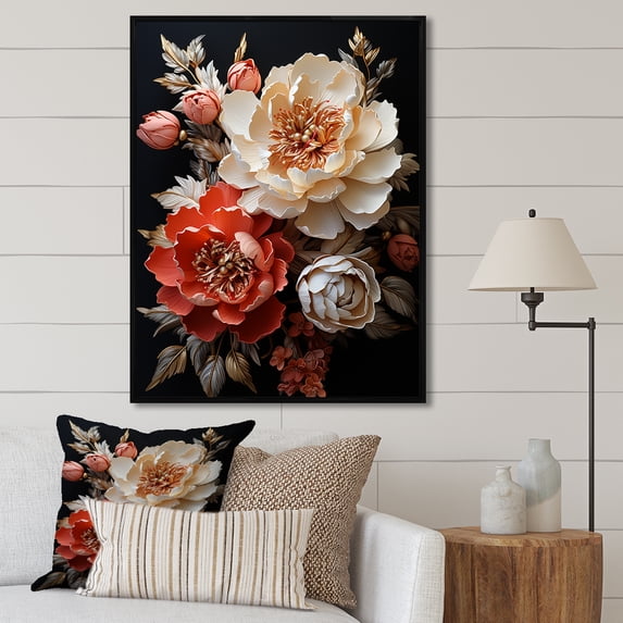 Designart "Peonies Bursting With Color V" Peonies Floater Framed Canvas Wall Art