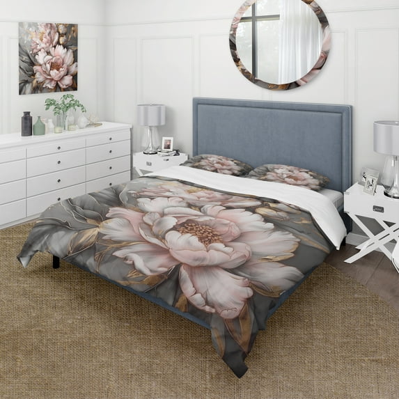 Designart "Peonies Elegance Pink Grey I" Floral Peony Bedding Covert Set - Peonies Pink Floral Bed Set With 2 Shams