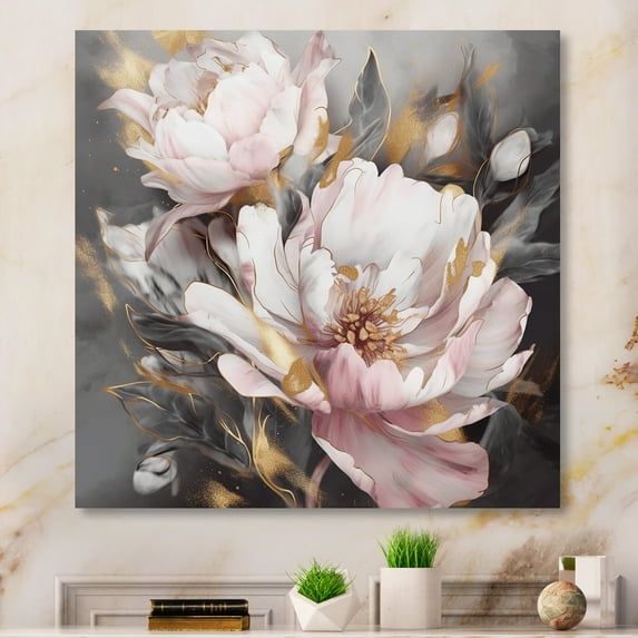 Designart "Peonies Elegance Pink Grey II" Floral Peony Metal Art Living Room