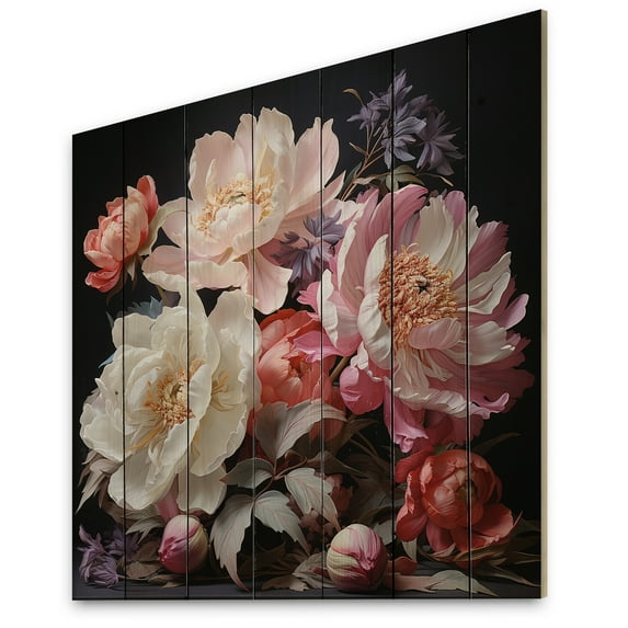 Designart "Peonies In Asian Painting VI" Asian Print on Natural Pine Wood