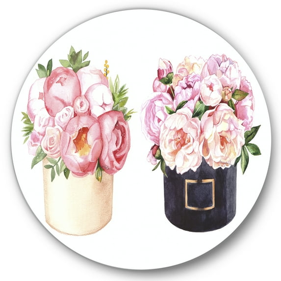 Designart 'Peonies and Rose With Flower Box' Farmhouse Circle Metal Wall Art 23x23 - Disc of 23