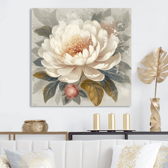 Designart "Peony Blooms In Motion White & Grey III" Floral Peony Metal Art Living Room