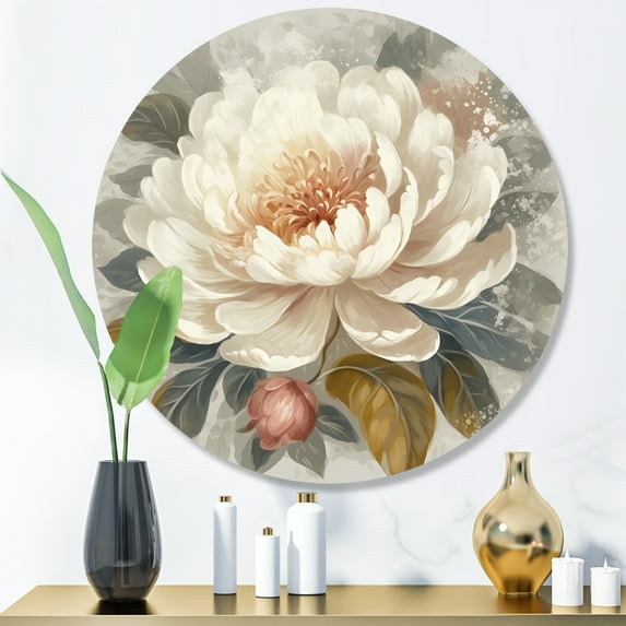 Designart "Peony Blooms In Motion White & Grey III" Floral Peony Metal Round Wall Art