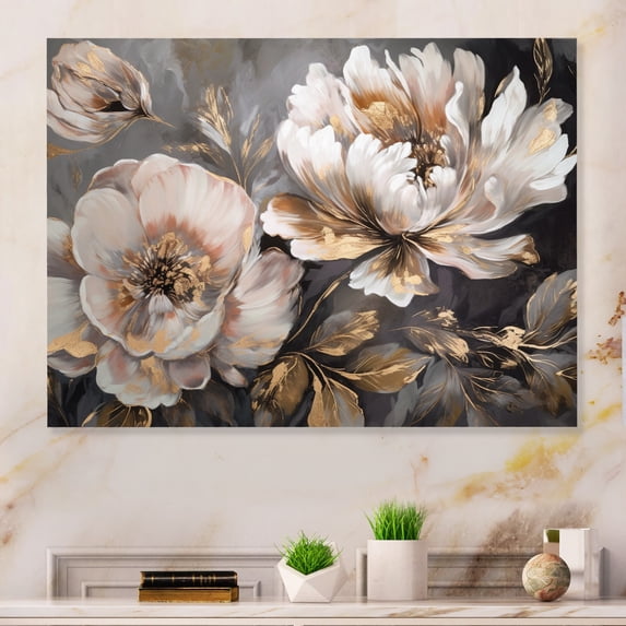 Designart "Peony Blooms In Motion White & Grey IV" Floral Peony Metal Wall Decor