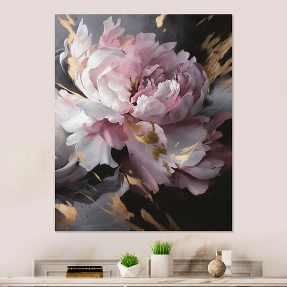 Designart "Peony Flower Harmonious Pink and Grey II" Floral Peony Metal Wall Art