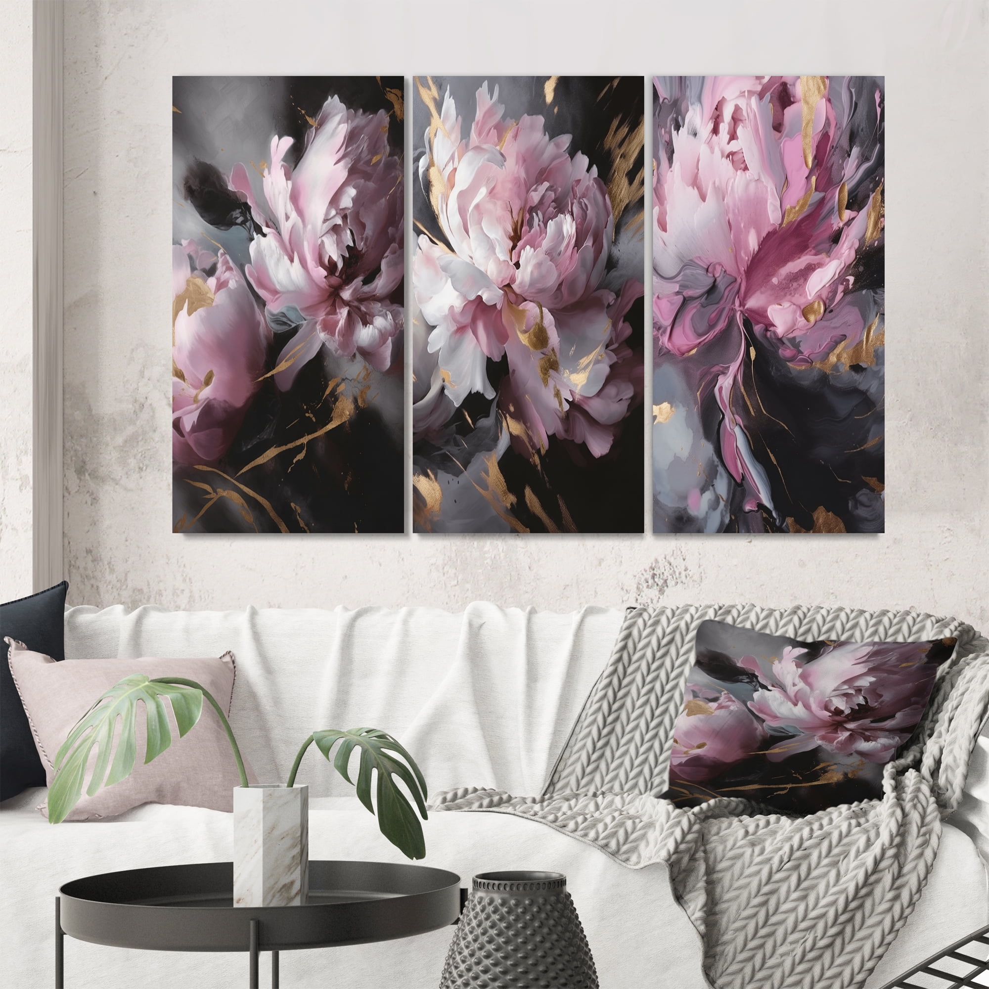 Designart "Peony Flower Harmonious Pink and Grey III" Floral Peony Wall ...