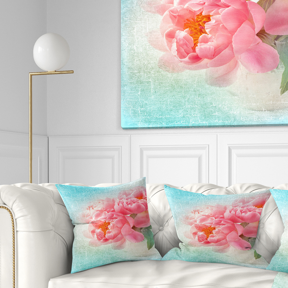 Designart Peony Flowers Merged to Blue - Floral Throw Pillow - 18x18