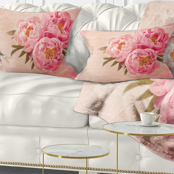 Designart Peony Flowers against Scribbled Back - Floral Throw Pillow - 12x20