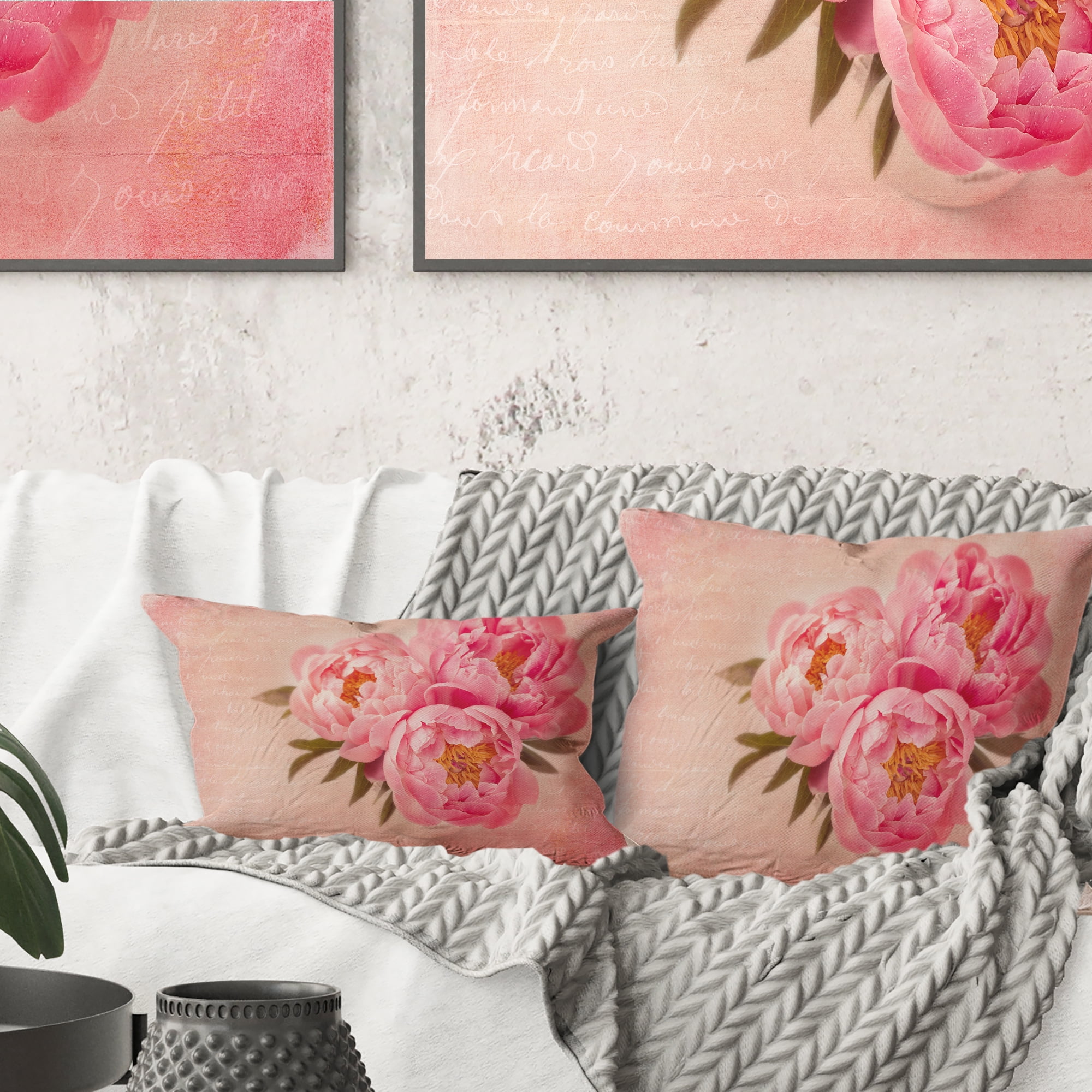 Designart Peony Flowers against Scribbled Back - Floral Throw Pillow - 16x16
