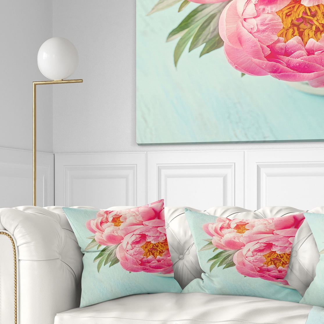 Designart Peony Flowers on Blue Background - Floral Throw Pillow - 16x16