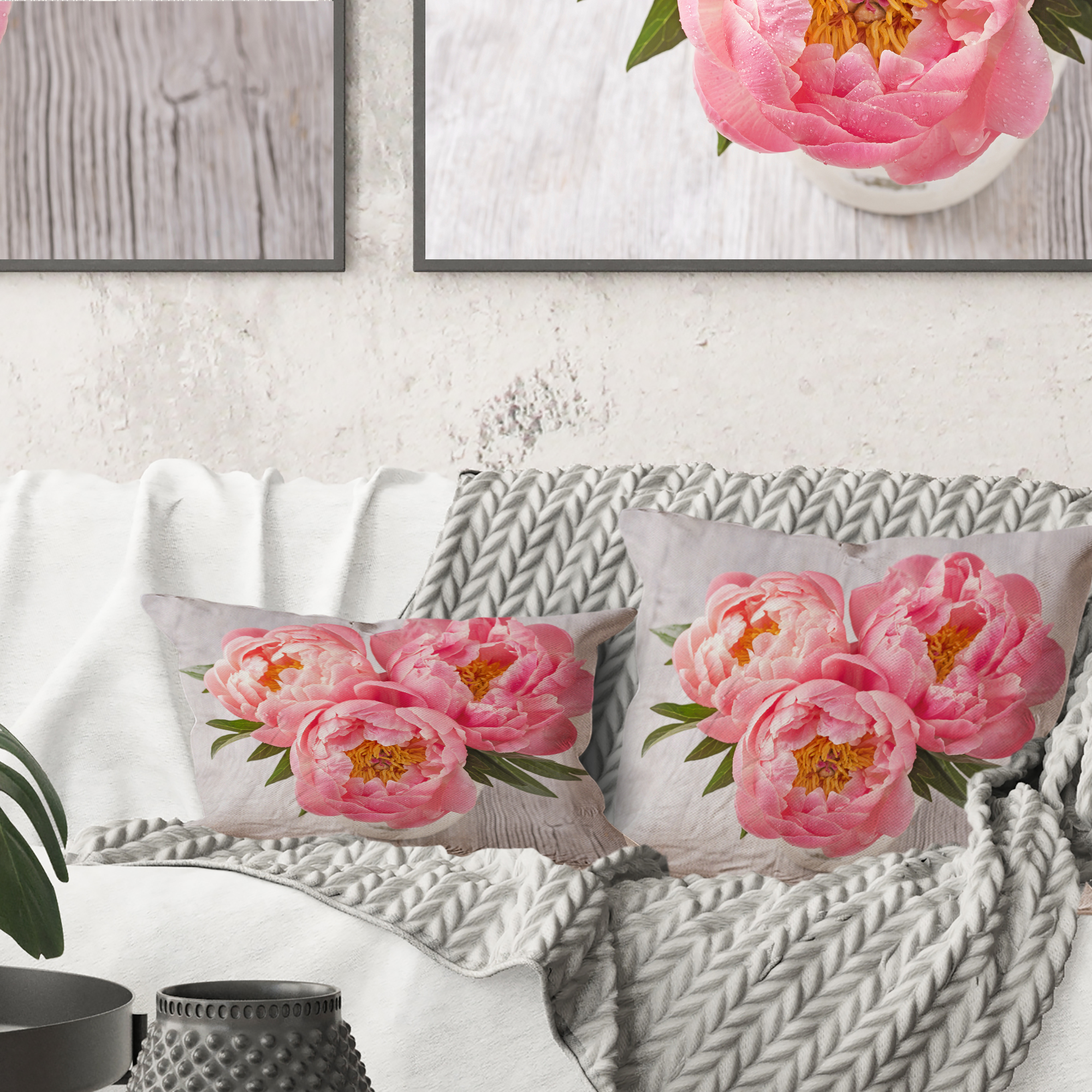 Designart Peony Flowers on White Floor - Floral Throw Pillow - 16x16