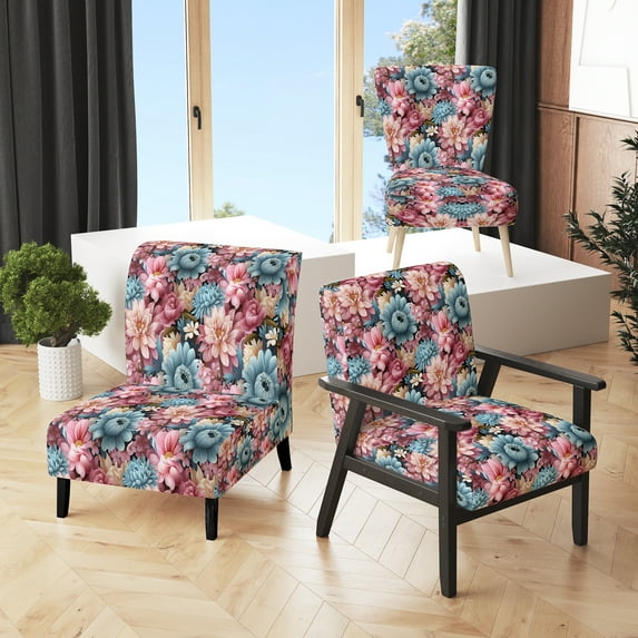Designart "Peony Pastel Paradise" Blue Floral Upholstered Accent Chair - Cottage Arm Chair For Bedroom