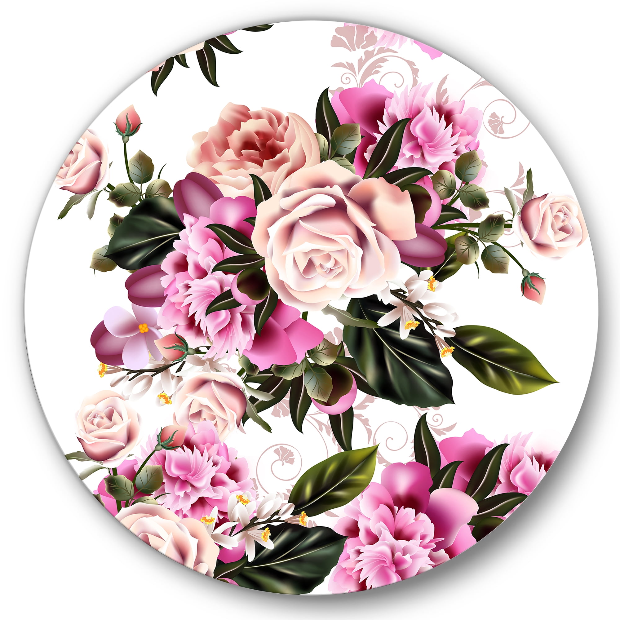 Designart 'Peony Vintage Flowers' Traditional Circle Metal Wall Art 11x11 - Disc of 11