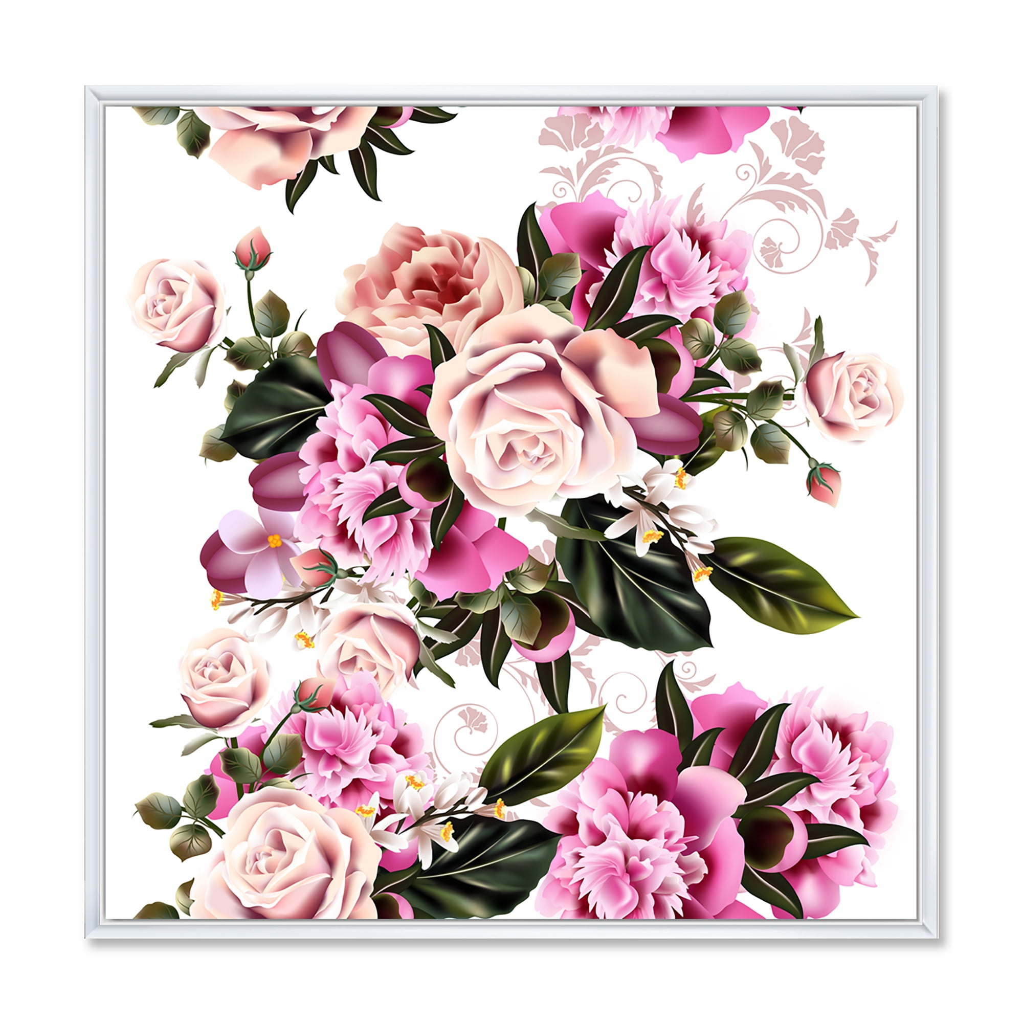 Designart 'Peony Vintage Flowers' Traditional Framed Canvas Wall Art Print