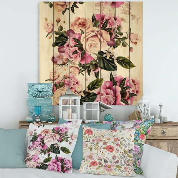 Designart 'Peony Vintage Flowers' Traditional Print on Natural Pine Wood
