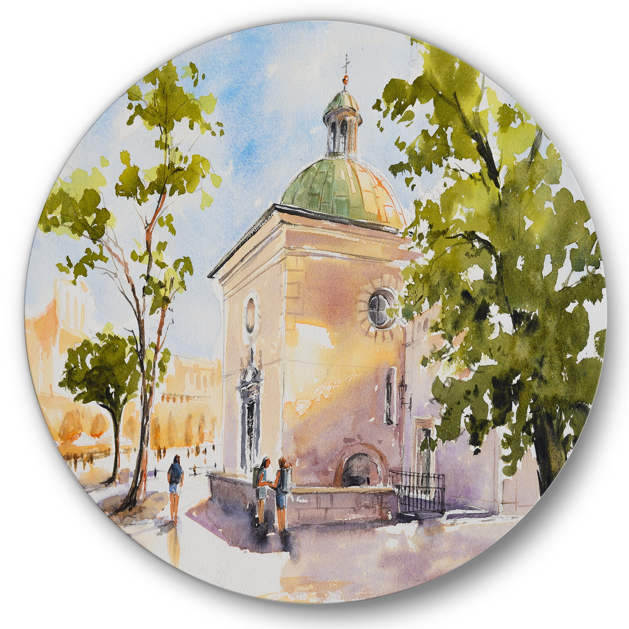 Designart 'People At Rustic Church In The Village' Country Circle Metal Wall Art 29x29 - Disc of 29