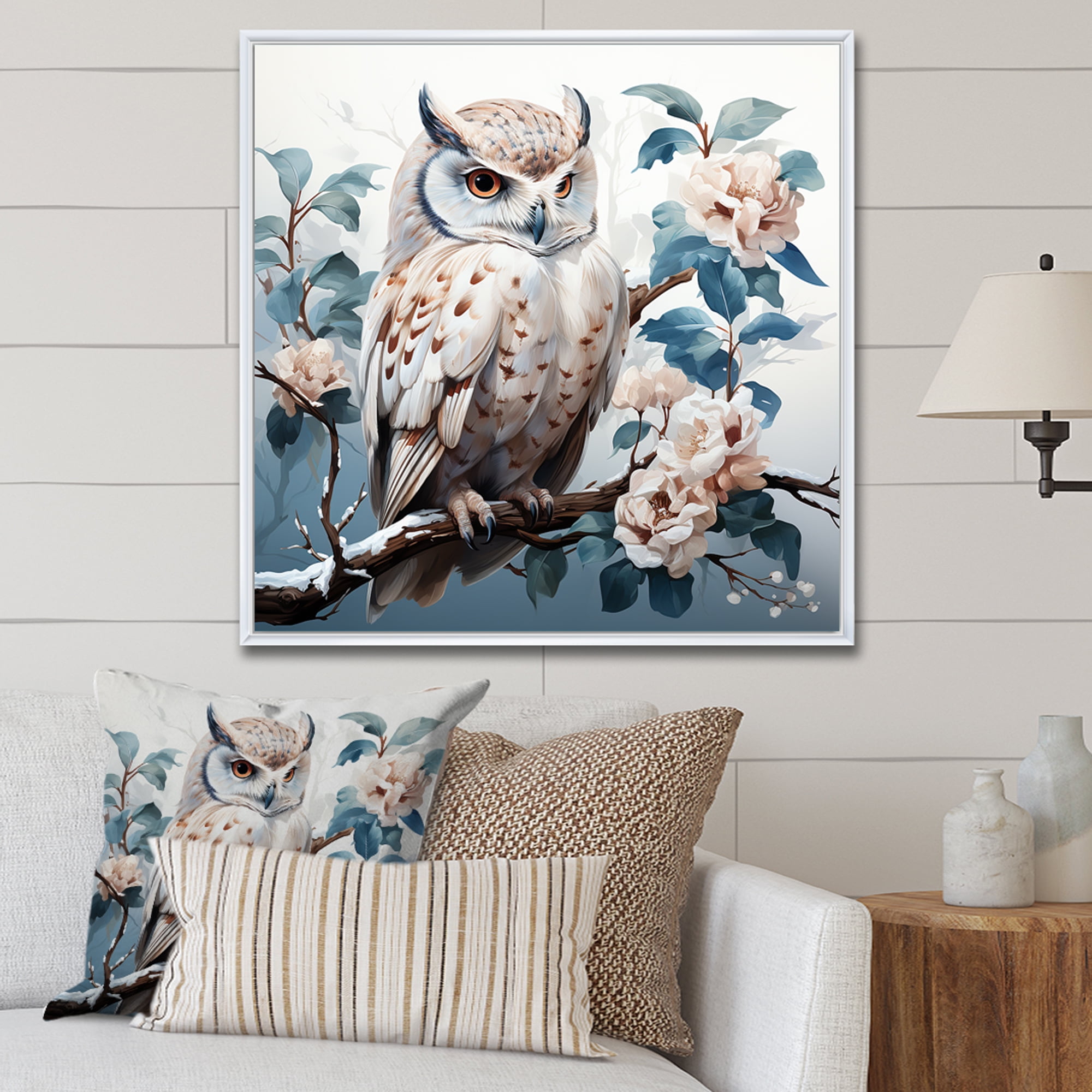 Designart "Perch of Owl in Blooms I" Animals Framed Wall Art