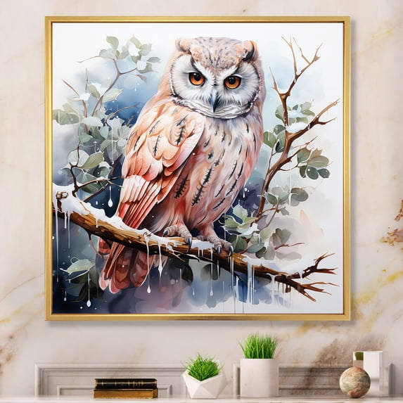 Designart "Perch of Owl in Blooms II" Animals Framed Wall Art - Traditional Green Owl Living Room Framed Canvas Art