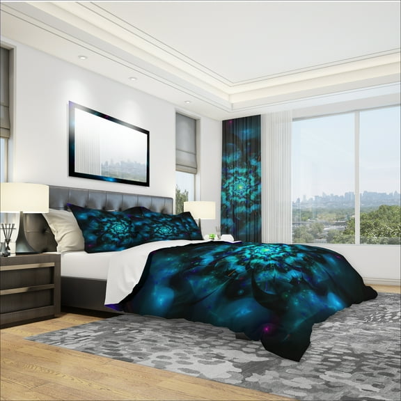 Designart 'Perfect Fractal Flower in Black & Blue' Modern & Contemporary Duvet Cover Set