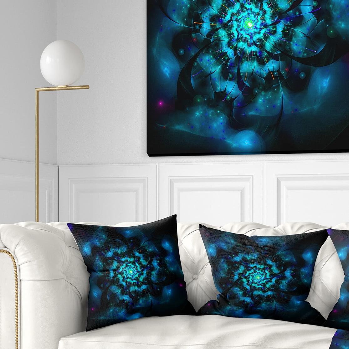 Designart Perfect Fractal Flower in Black and Blue - Floral Throw Pillow - 18x18