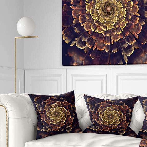 Designart Perfect Fractal Flower in Brown and Gold - Floral Throw Pillow - 18x18