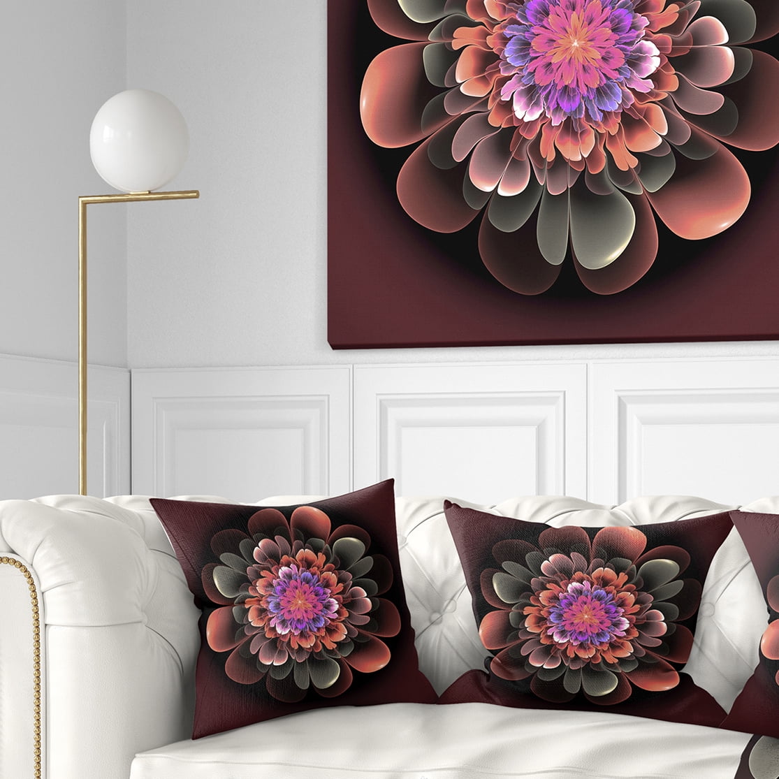 Designart Perfect Fractal Flower in Dark Brown - Floral Throw Pillow - 16x16