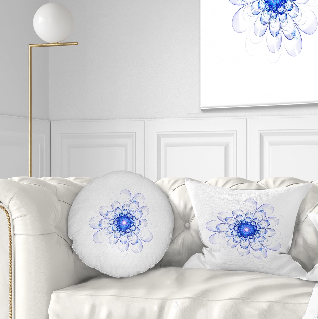 Designart Perfect Glowing Fractal Flower in Blue - Floral Throw Pillow - 12x20