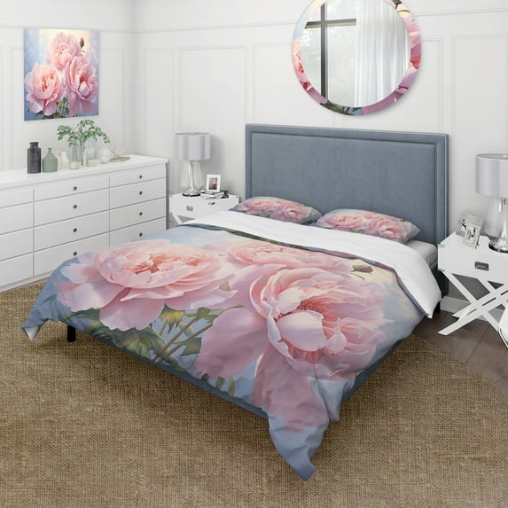 Designart "Perfect Pink Peony II" Floral Bedding Covert Set - Traditional Pink Bed Set With 2 Shams