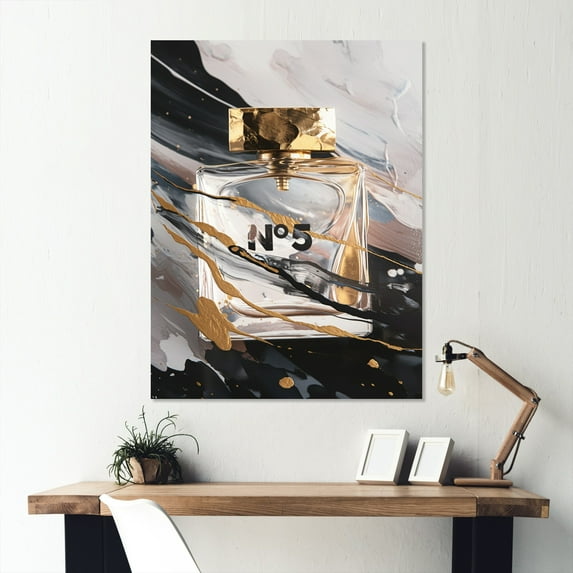 Designart "Perfume Bottle Masterpieces Black IV" Fashion Perfume Metal Wall Art