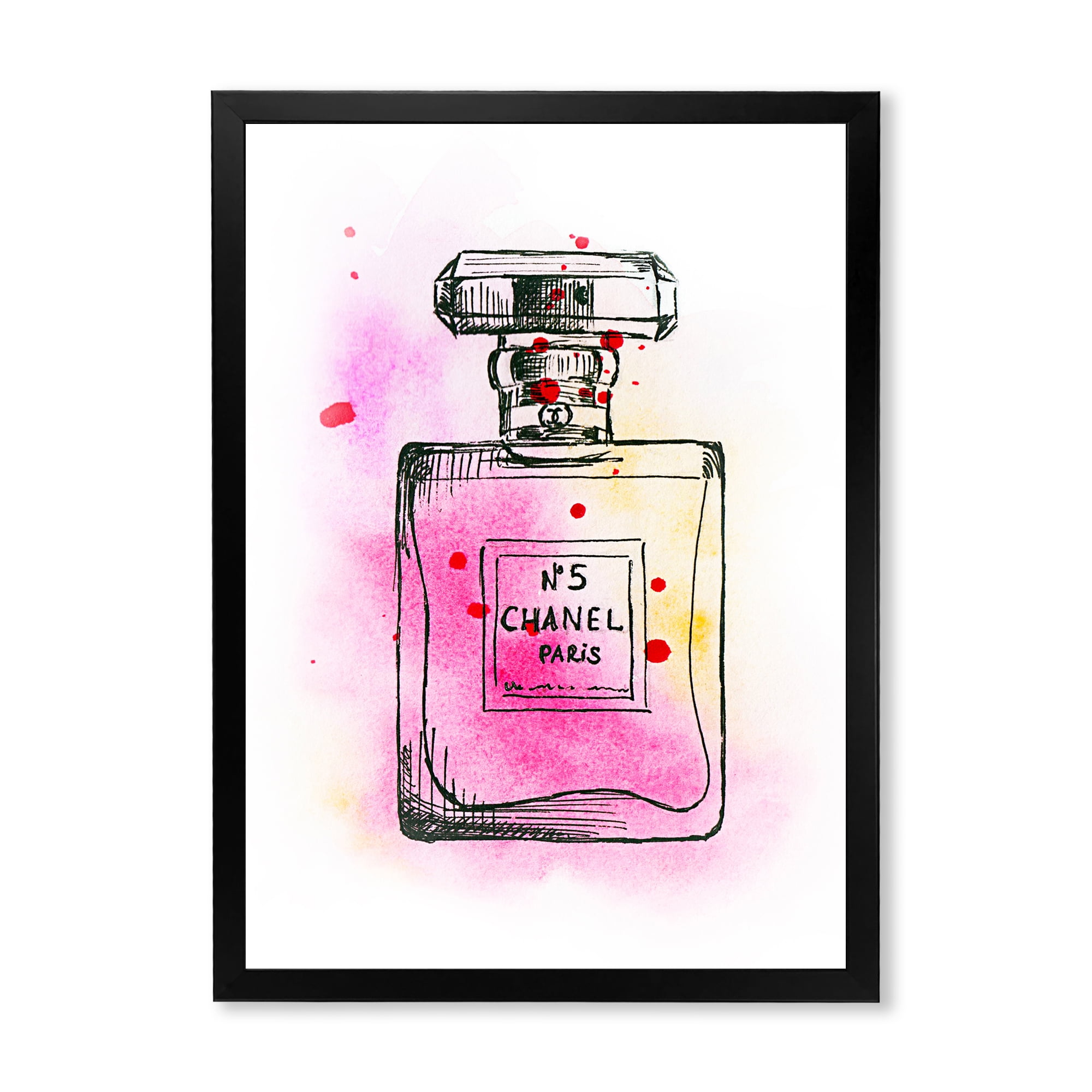 Framed Canvas Art (Champagne) - Pink Paint Chanel by Martina Pavlova ( Fashion > Hair & Beauty > Perfume Bottles art) - 26x18 in