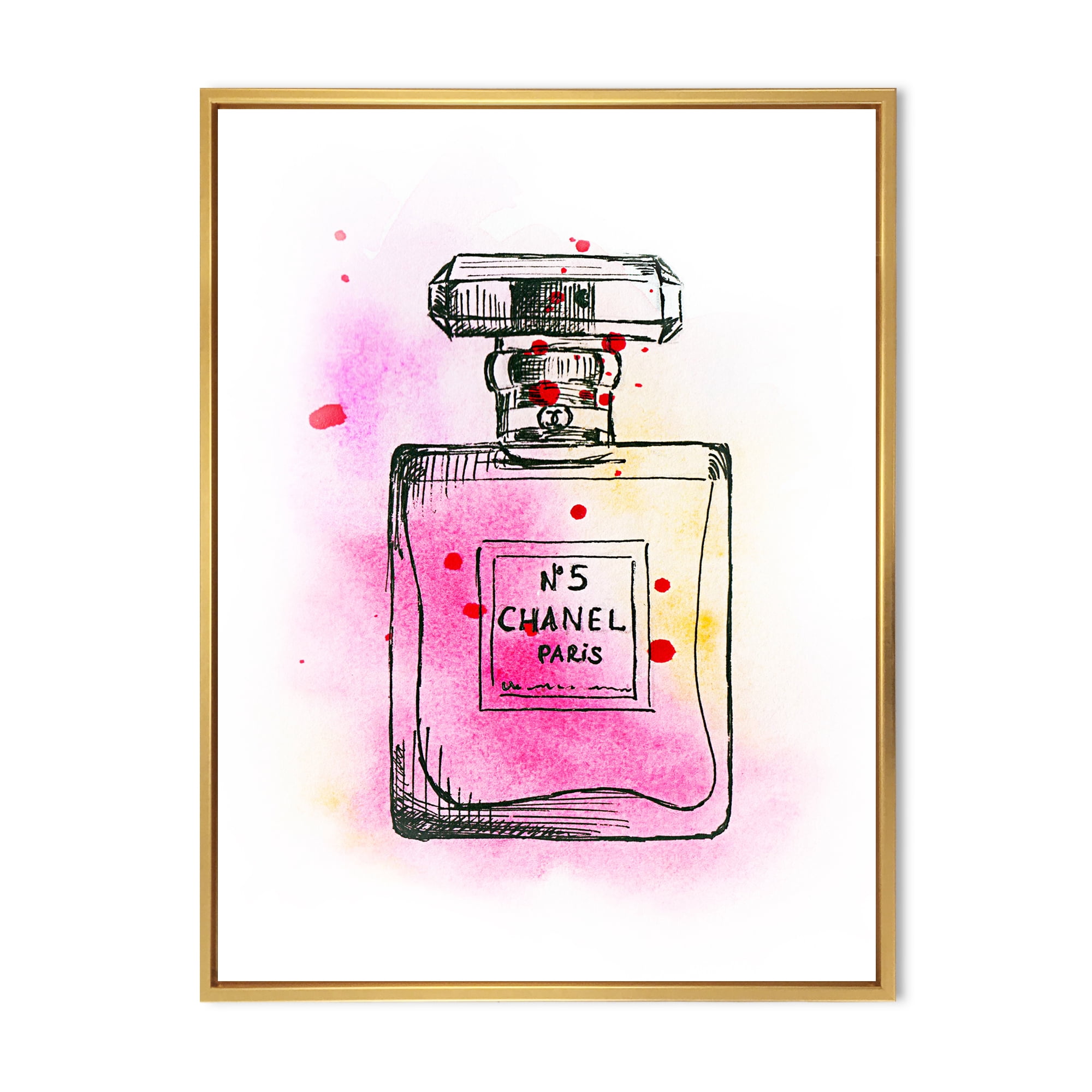 Designart 'Perfume Chanel Five Pink Strokes' French Country Framed Canvas Wall Art Print