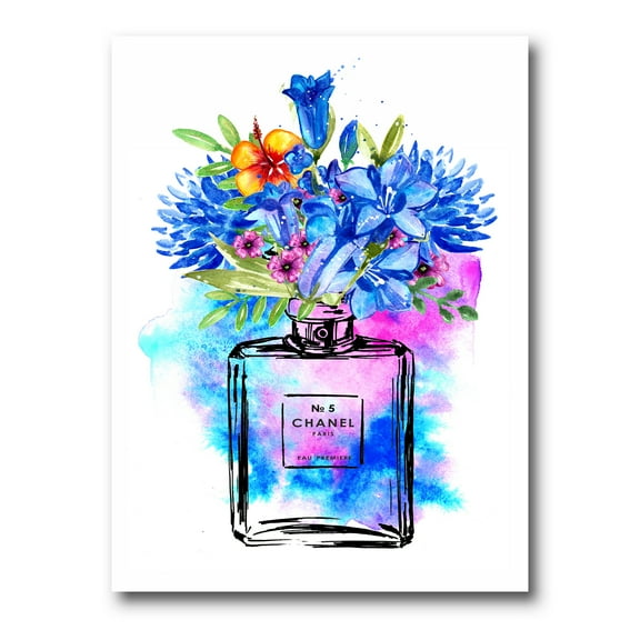 Designart ' Perfume Chanel Five With Blue Flowers ' French Country Canvas Wall Art Print