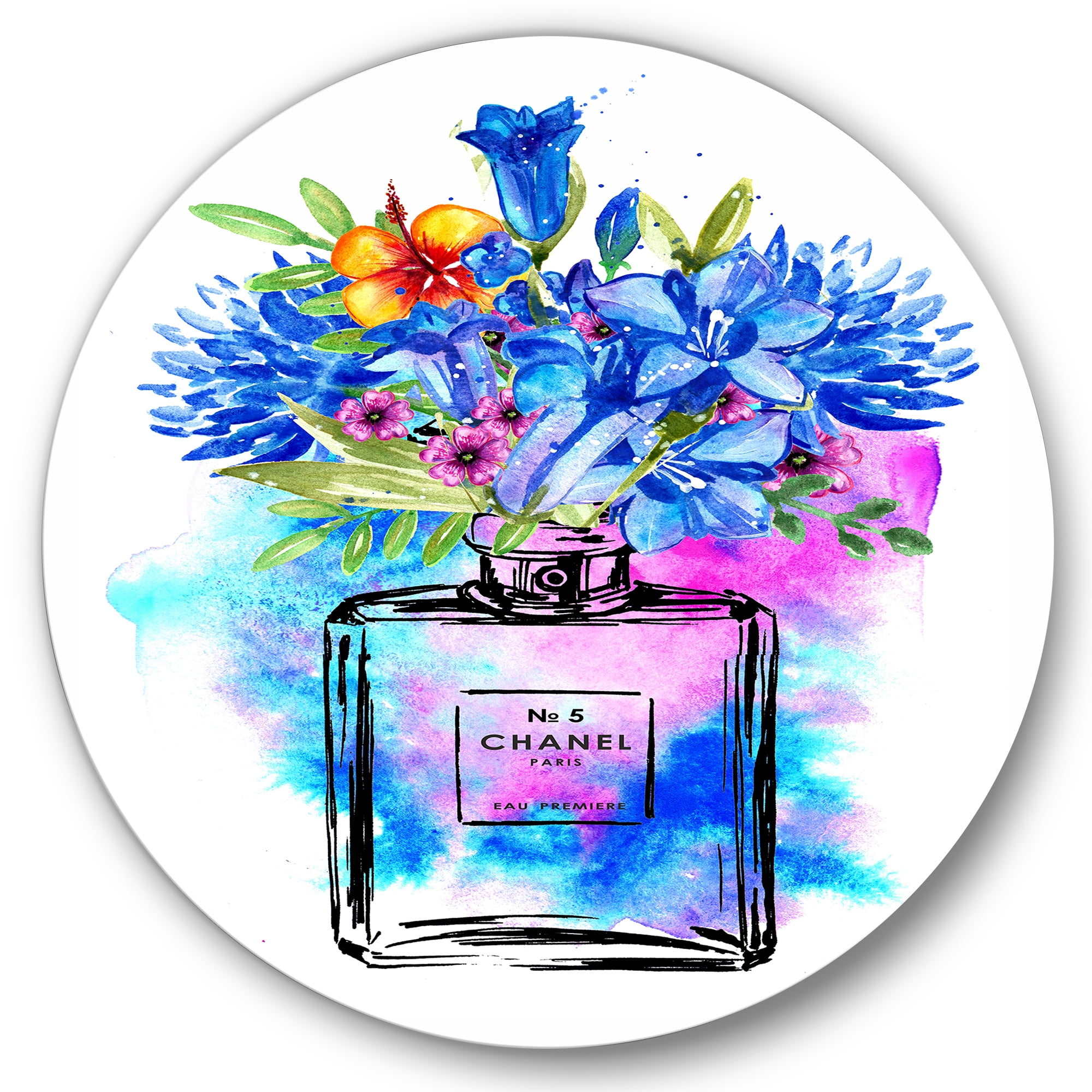Designart 'Perfume Chanel Five With Blue Flowers' French Country Circle Metal Wall Art 23x23 - Disc of 23