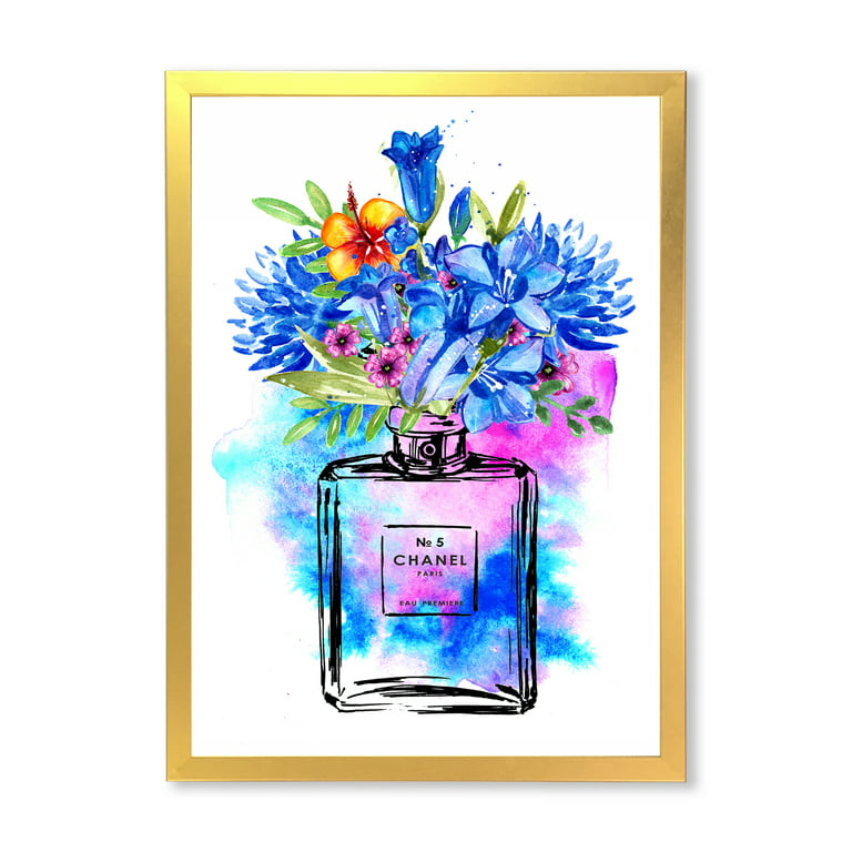 Designart 'Perfume Chanel Five With Blue Flowers' French Country Framed Art  Print