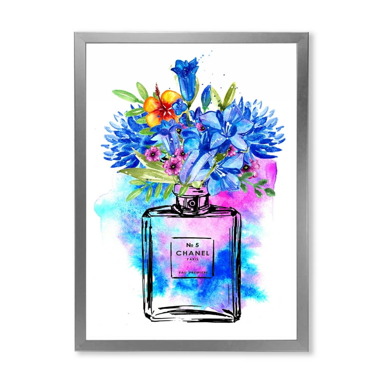 Designart 'Perfume Chanel Five with Blue Flowers' French Country Framed Art Print, Size: 12 x 20