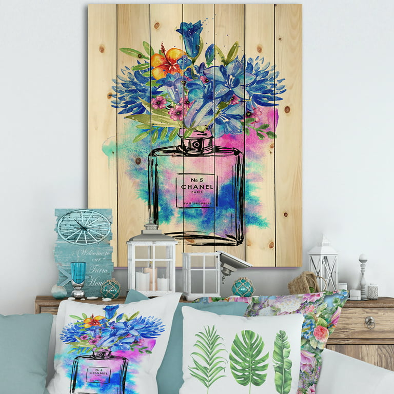 Designart 'Perfume Chanel Five With Blue Flowers' French Country Print on  Natural Pine Wood 