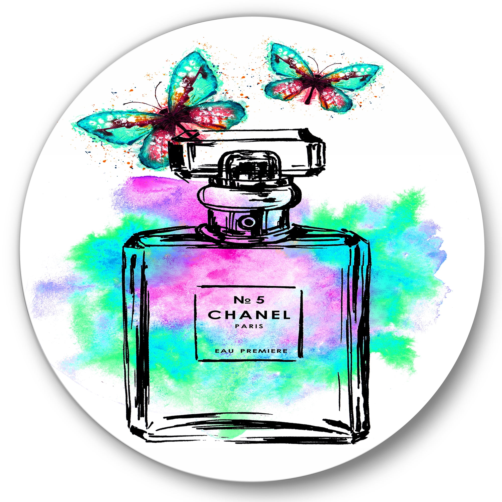 Designart 'Perfume Chanel Five With Butterflies' Modern Circle Metal Wall Art 29x29 - Disc of 29