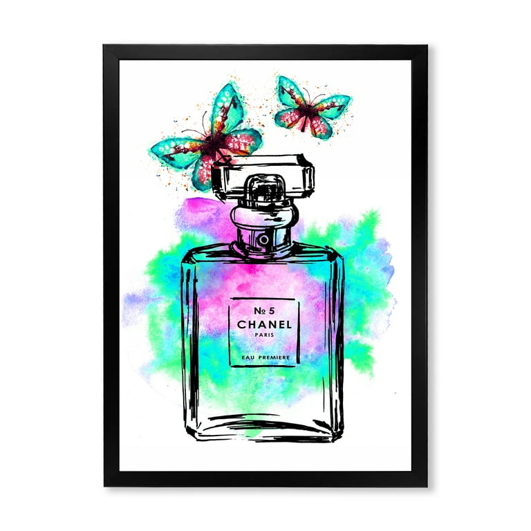 Designart 'Perfume Chanel Five With Butterflies' Modern Framed Canvas Wall  Art Print