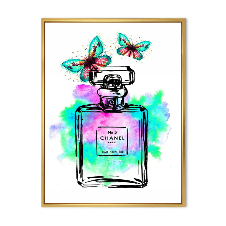 Designart 'Perfume Chanel Five With Butterflies' Modern Framed Canvas Wall  Art Print 