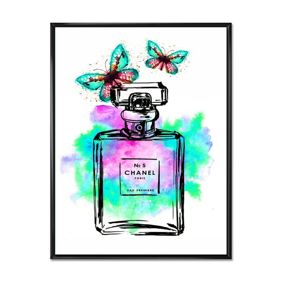 Designart 'Perfume Chanel Five With Butterflies' Modern Framed Canvas Wall Art Print