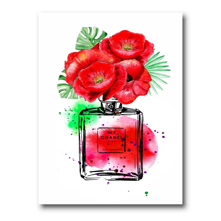 Designart ' Perfume Chanel Five With Red Flowers ' Modern Canvas Wall Art  Print
