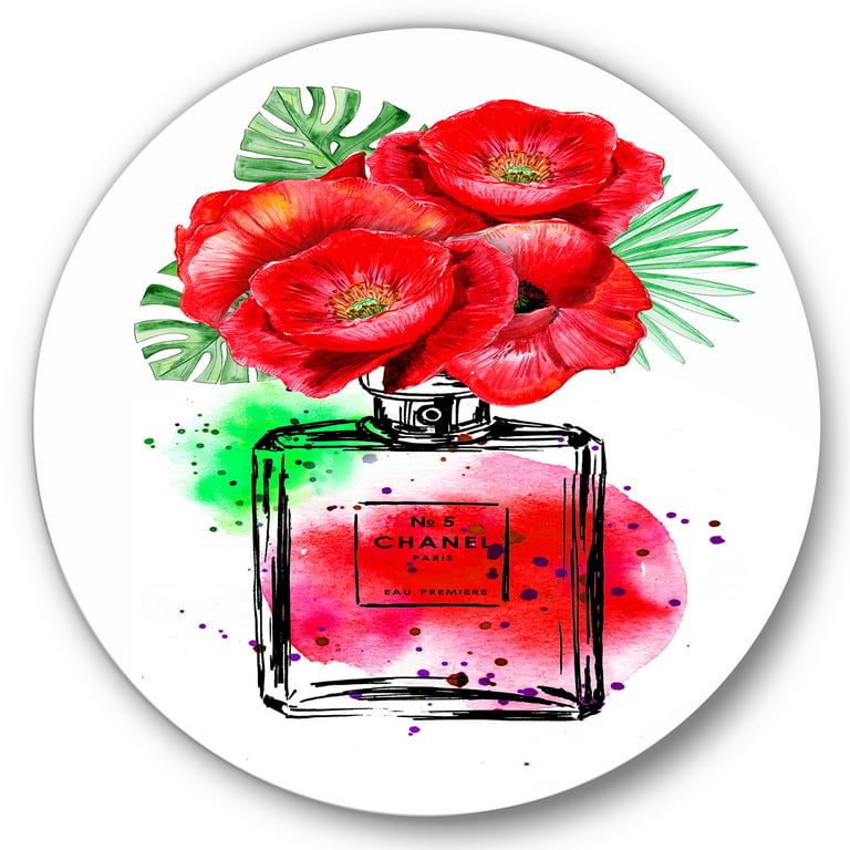 Designart 'Perfume Chanel Five With Red Flowers' Modern Circle Metal Wall  Art 11x11 - Disc of 11 