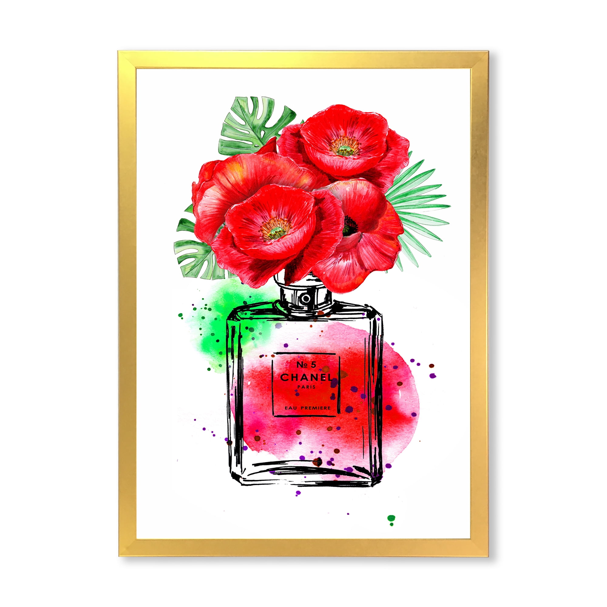 Designart Perfume Chanel Five With Red Flowers Modern Framed Art Print