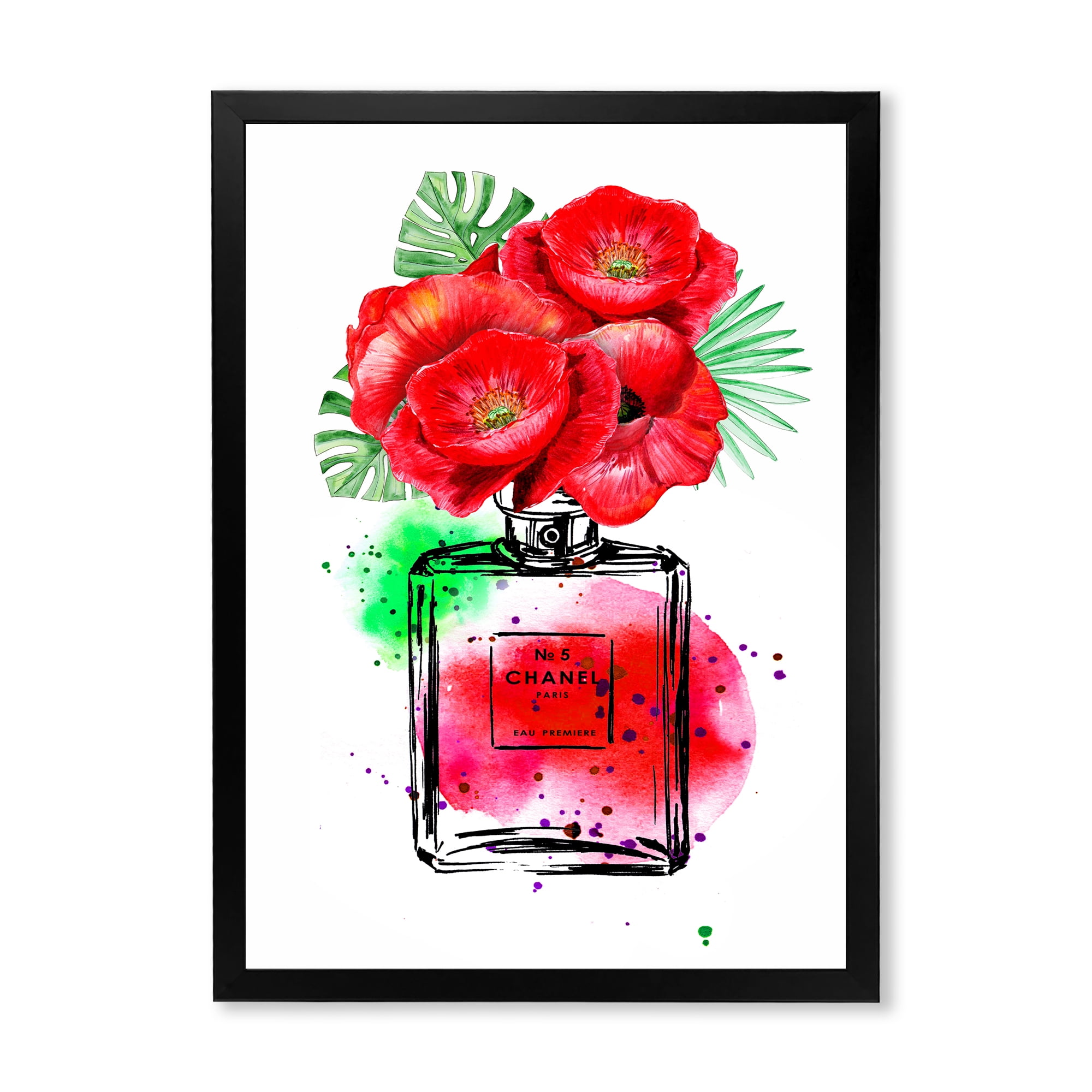 Designart 'Perfume Chanel Five with Red Flowers' Modern Framed Art Print, Size: 30 x 40
